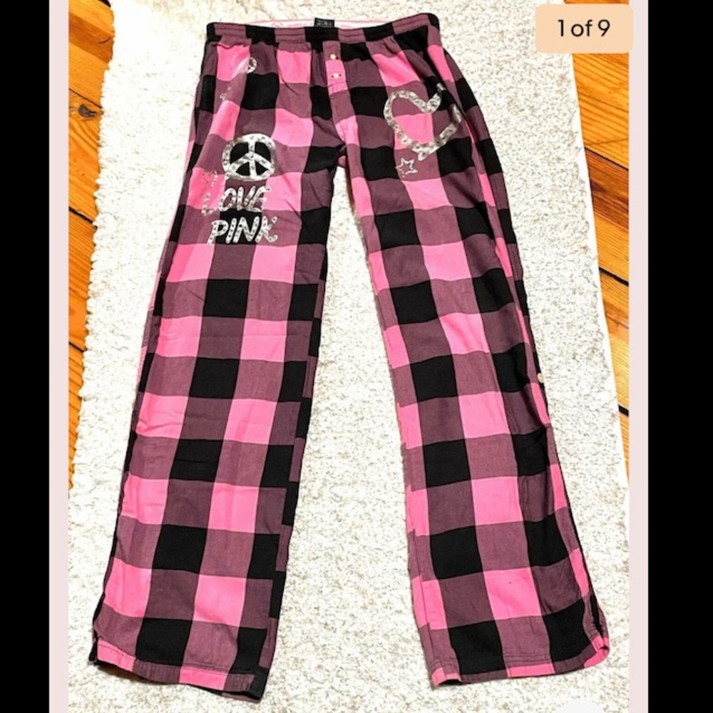 Victoria Secret Pink Black Lounge Sleep Pants Peace Sign Full Length Or Crop M